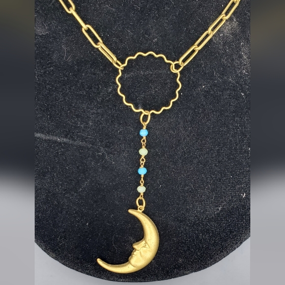 Crescent Moon Goldtone Beaded Paperclip Chain Necklace- One of a Kind - Picture 4 of 6